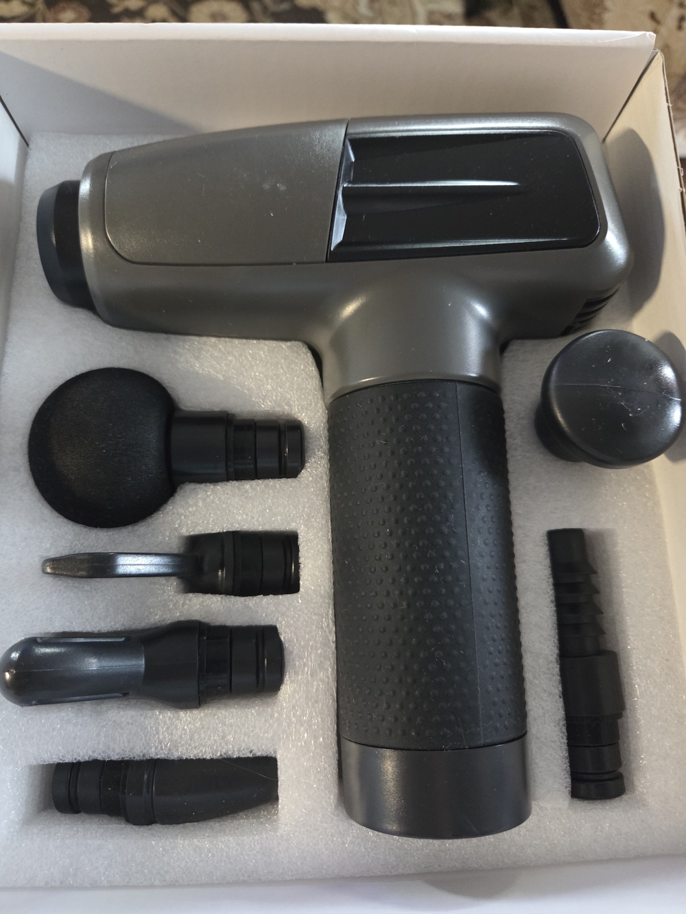 NEW Compact Grey Massage Gun with Multiple Attachments